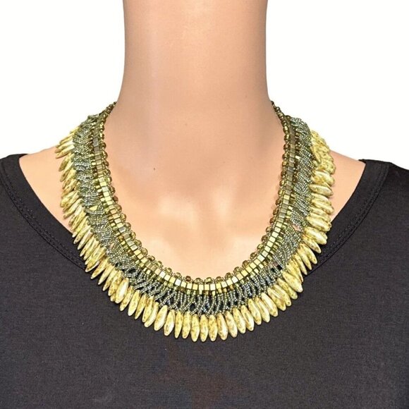 Statement Beaded Fringe Necklace Toggle Clasp Green Brown Blue Beads - Picture 6 of 6